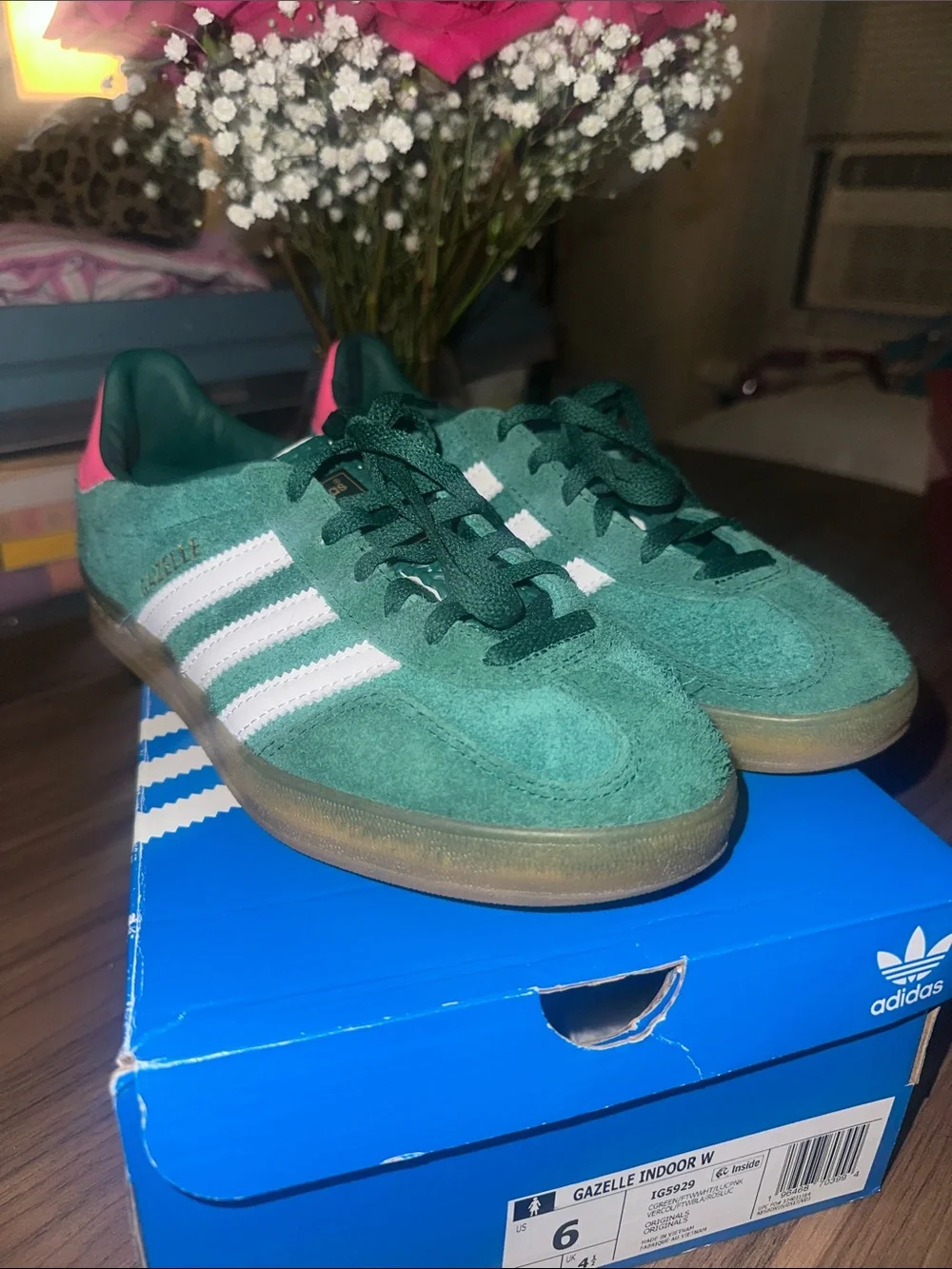 adidas Gazelle Green Suede Sneakers with Pink Heel Accent